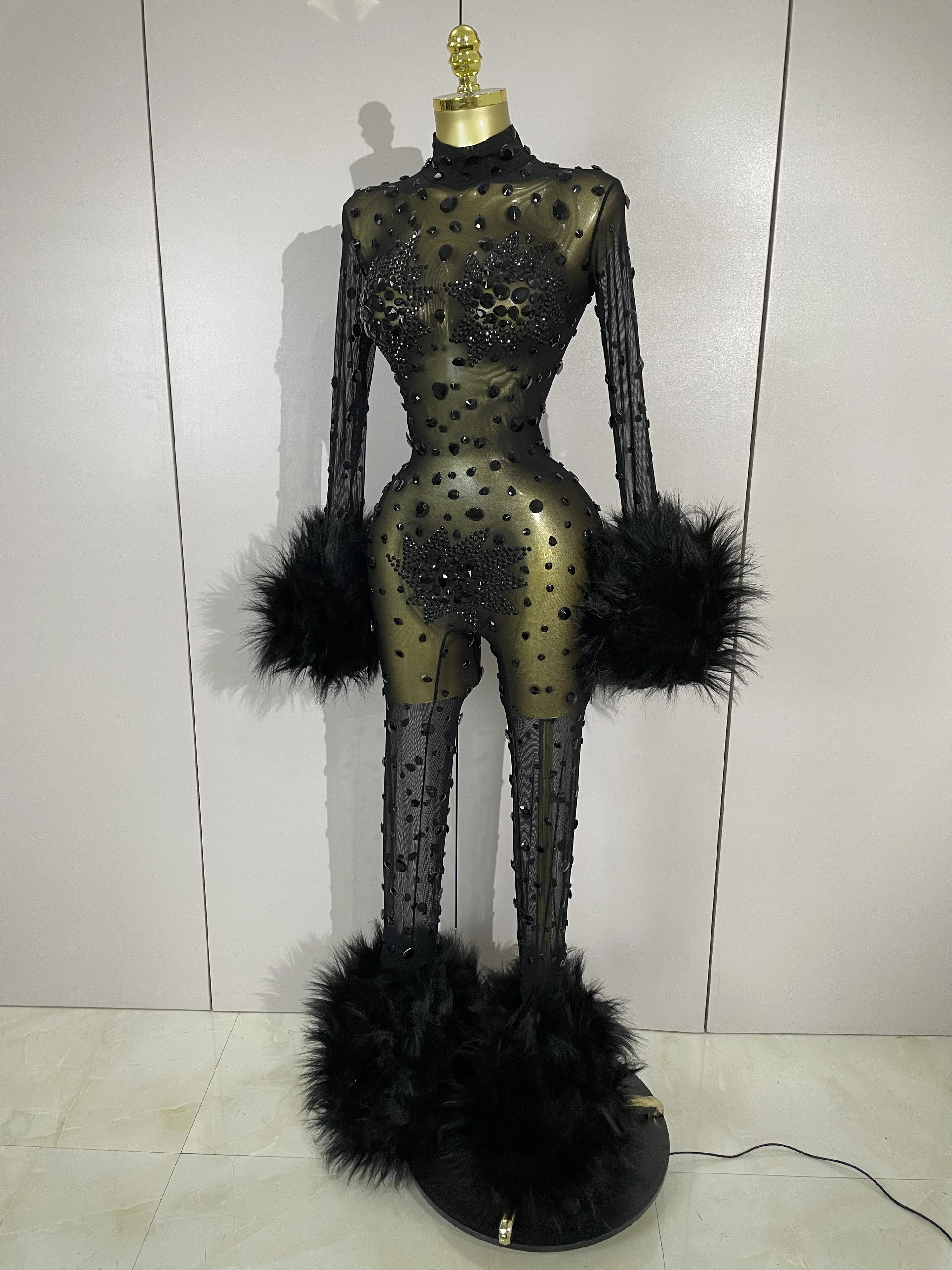 STOCK Luxury Diamond Black Mesh Transparent Stretchy Long Sleeve Jumpsuit Women Sexy Performance Singer Costume Nightclub Outfit