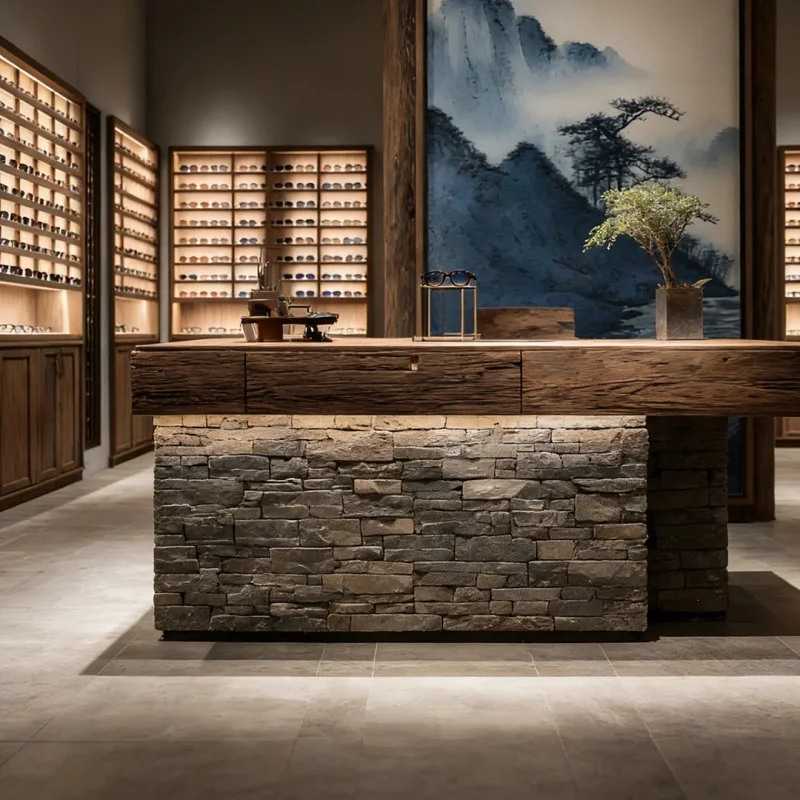 

custom.Artisanal Heritage: Factory-Crafted Displays in Dark Walnut with Integrated Warm LED Lighting Cultural Eyewear Boutiq