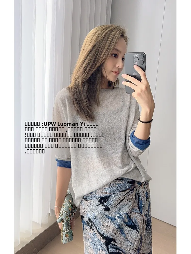 

MeiYang Linen Knitwear Long Sve Contrast Color Cuff Cooling Room Cotton-Linen Blend Comfortable Loose Fit Crew Ne Top