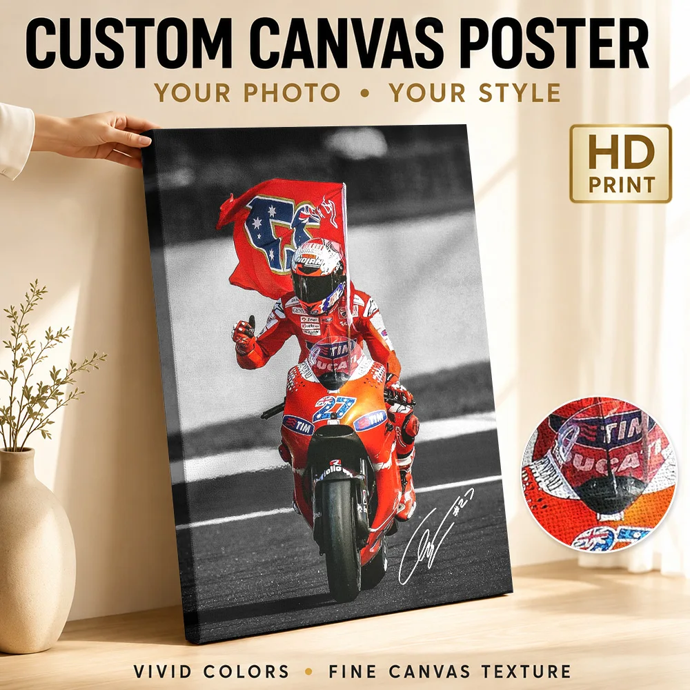Casey Stoner MotoGP Racer Victory Framed Canvas Poster Bold Style Wall Art With Customized Photo For Home Office Ideal Fan Gift