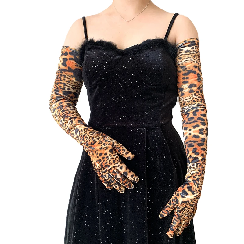 Winter Warm 70cm Lengthen Gold Velvet Gloves Fashion Leopard Print Zebra Print Women Halloween Party Opera Stage Performance