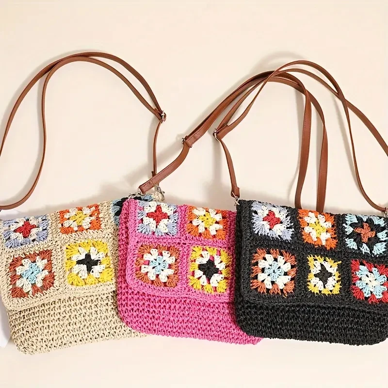 

bohemian granny square straw shoulder bag for women handmade weave crossbody bags casual summer beach big flap vacation purses