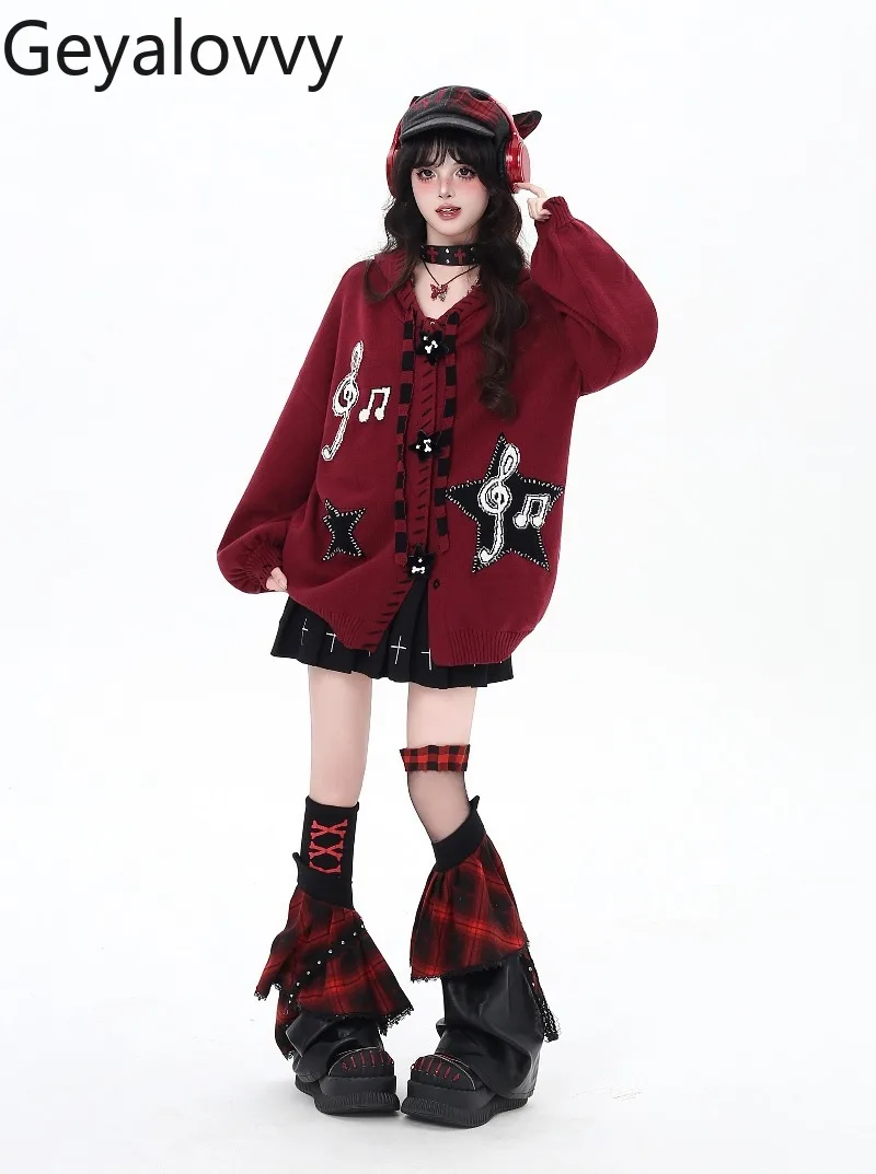 اليابانية الأصلية الجديدة الأسود والأحمر الحلو بارد فضفاض سترة محبوكة فانوس كم واحدة الصدر مقنعين سترة سترة