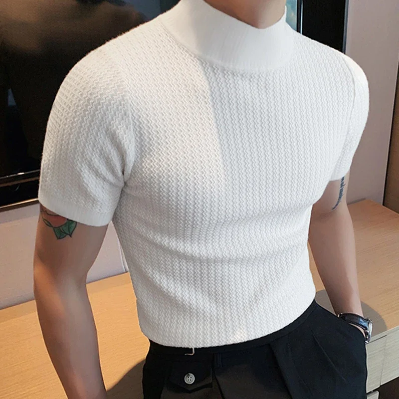 2024 Slim Fit Knitted T-shirt for Men Solid Turtleneck Casual Shirts Men's Short Sleeve Knit Sweater Bottoming Tops Streetwear