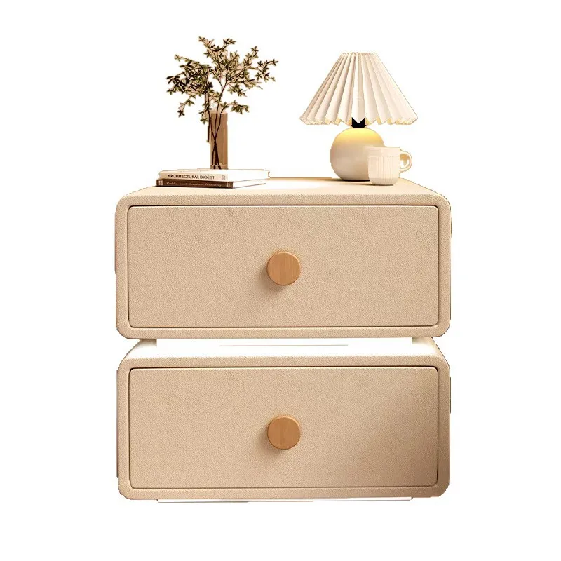 

Cream solid wood leather bedside cabinet, free installation storage cabinet bedside