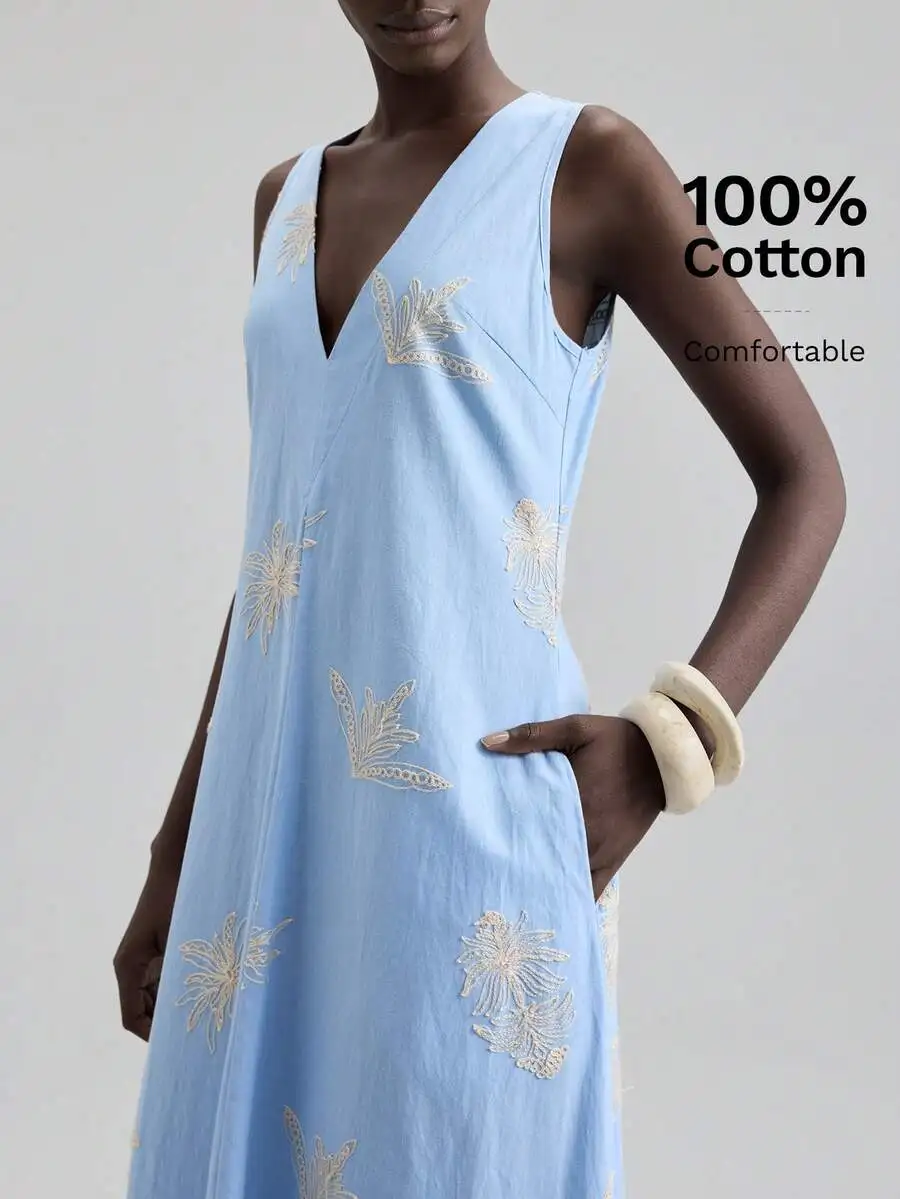 

Sleeveless V-Neck Embroidered Floral Cotton A-Line Maxi Dress For Women