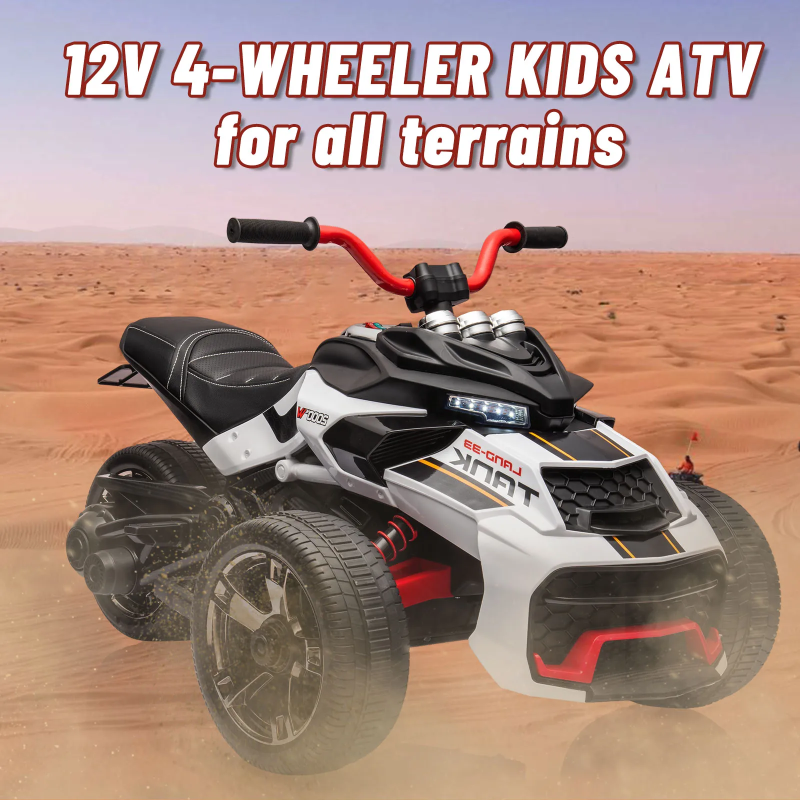 12V Kids Ride On ATV, 3 Wheeler Motorcycle Tricycle Rechargeable Battery-Powered ATV Toy Car w/ Music, Headlights for Boys Girls