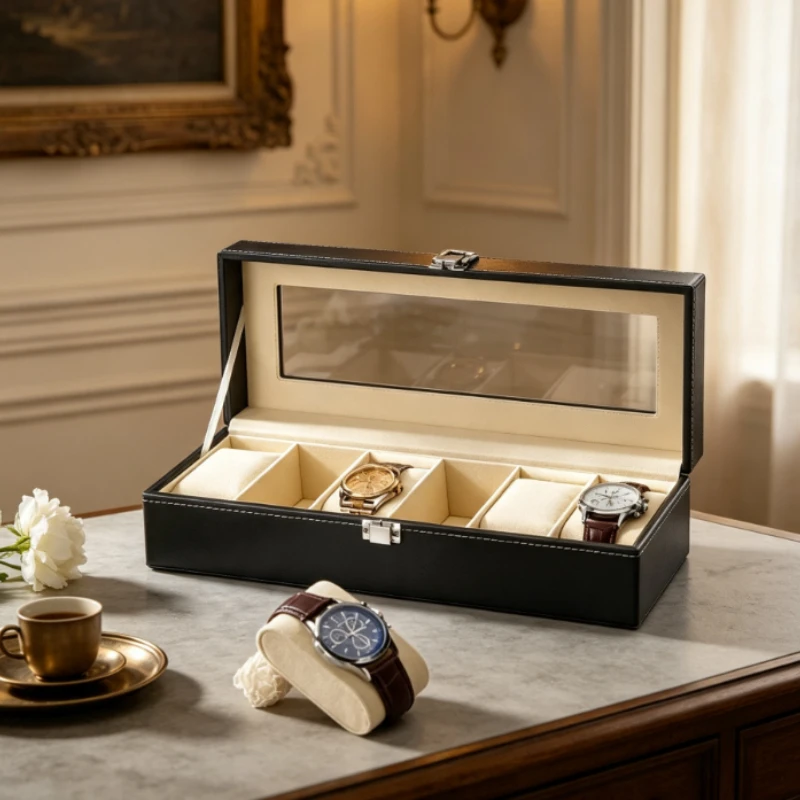 Luxury PU Leather Watch Box with Glass Top – Premium Display Case for Men's Watches, Multiple Slots, Ideal Gift Organizer