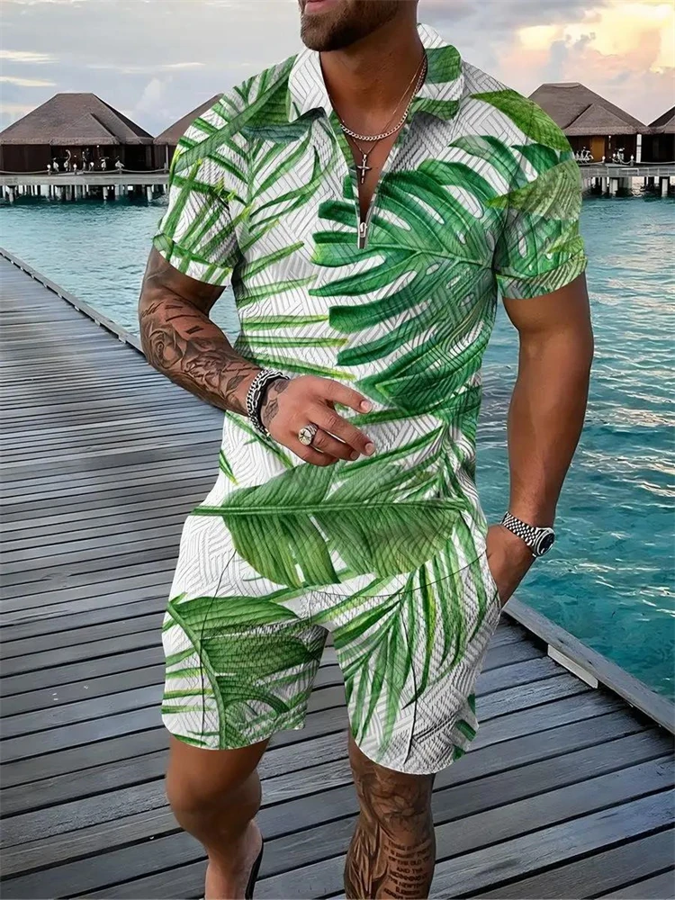 New Men's Fashion Polo Shirt T Shirt Casual Shorts Set Beach Vacation Palm Leaf Print Zipper Lapel Top Large Size Shorts Set