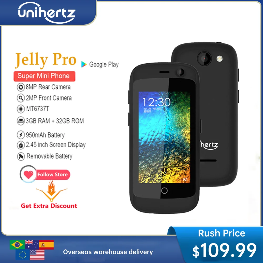 Unihertz Jelly Pro Quad Core Mini Smartphone, 4G, Android 8.1, 3GB, 32GB Mobile Phone, 2MP 8MP Camera, 2.4 