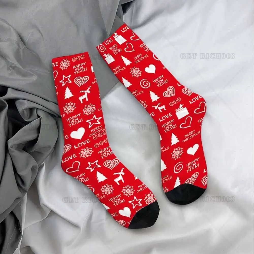 Red Christmas Deer Happy New Year Gift Socks Mens Fun Dress Socks for Women Funny Novelty Crazy Design Socks One Size