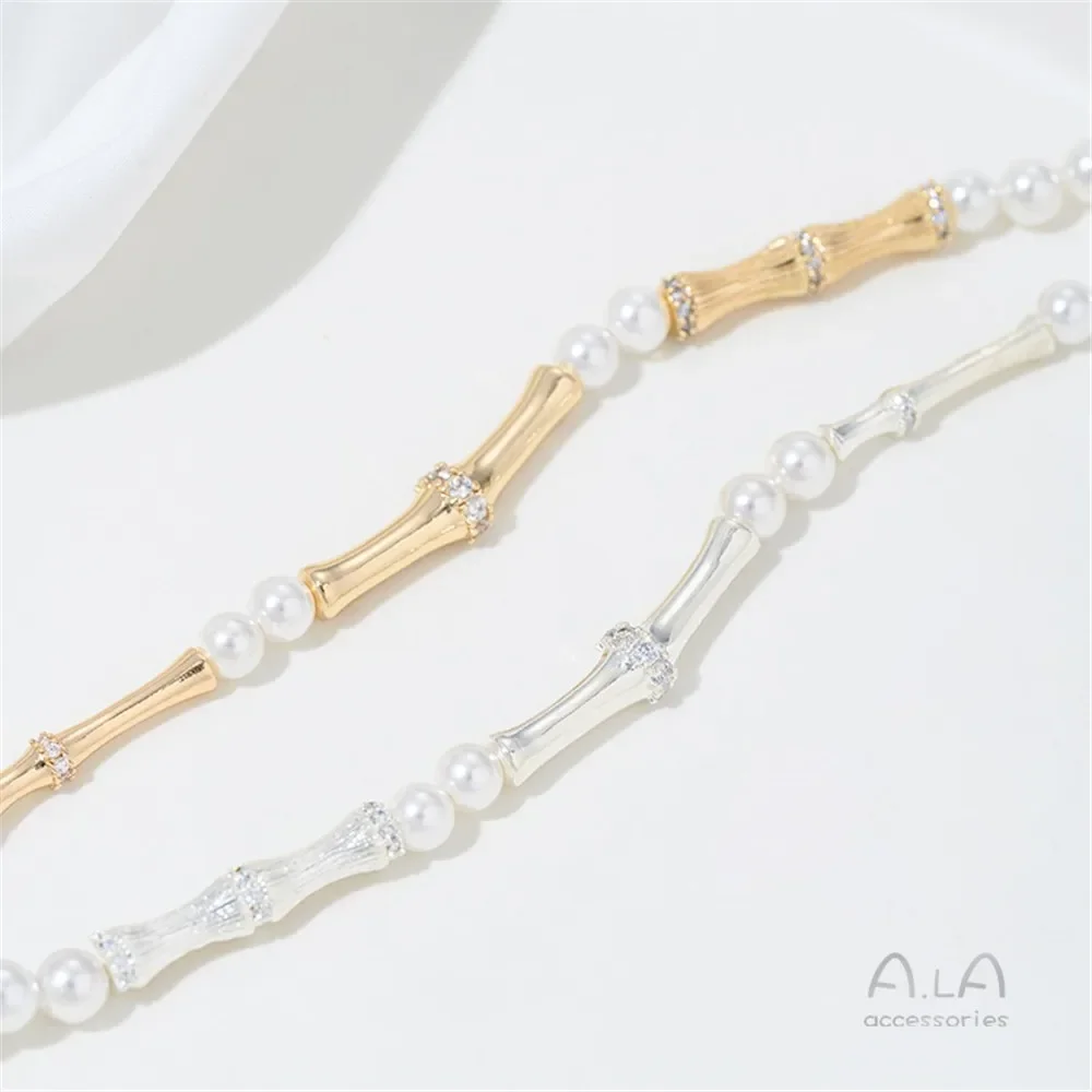 14K Gold-wrapped Plated Sterling Silver Zirconium-inlaid Bamboo Long Tube Bead Spacer Elbow Pendant DIY Bracelet Necklace Jewelr