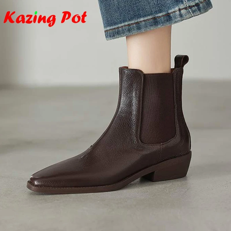 Krazing Pot Rome Sheepskin Round Toe Med Heels Slip On Chelsea Boots Warm Winter Shoes Concise Style England Design Ankle Boots