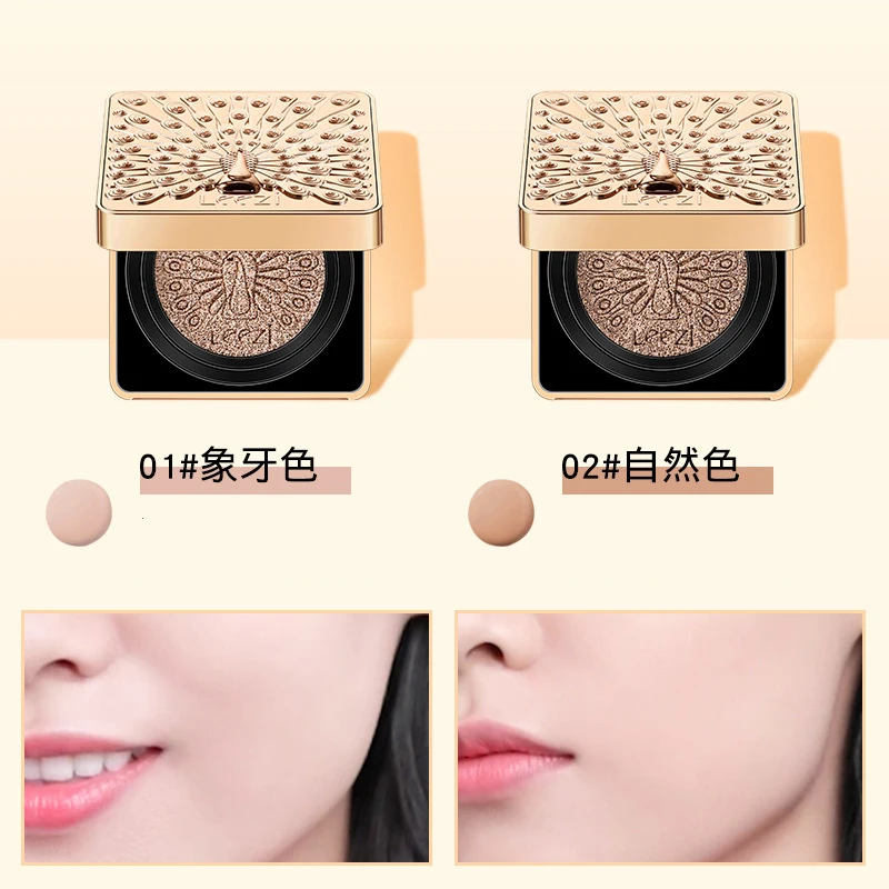 Leezi Peacock Air Cushion Foundation BB CC Cream Hydrating Concealer Hiding Pores Natural 2 In 1 bb Cream Korean