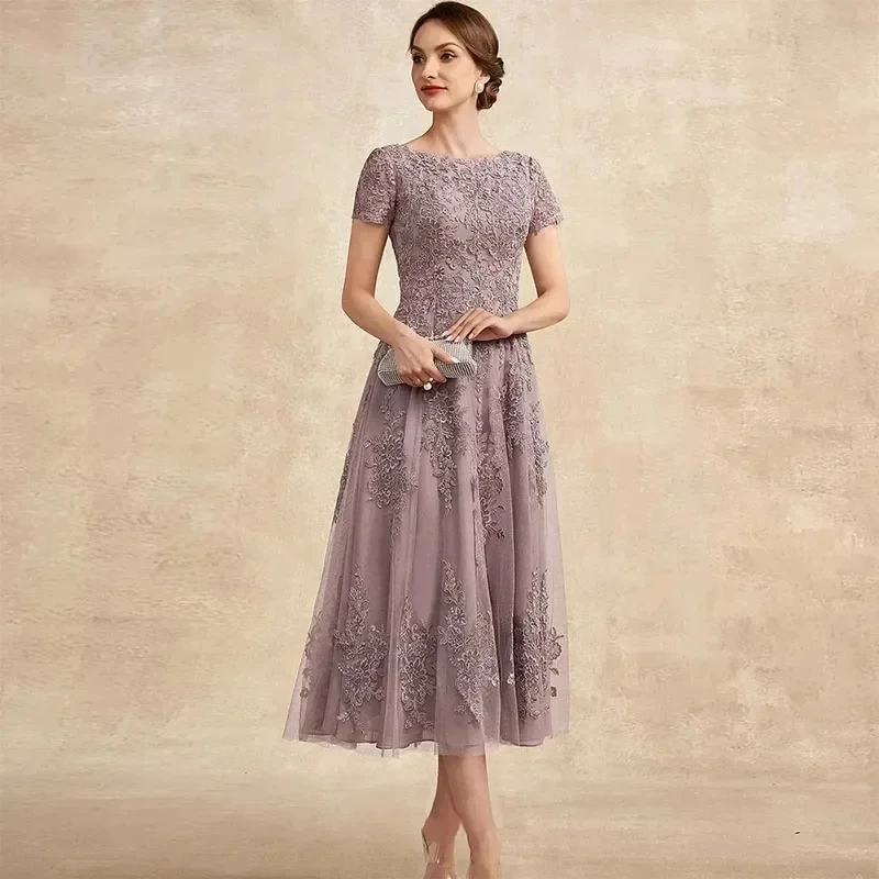 

Elegant Short Lace Appliques Mother of The Bride Dress 2026 Scoop Neck Tea-Length A-line Tulle Wedding Guest Party Gown