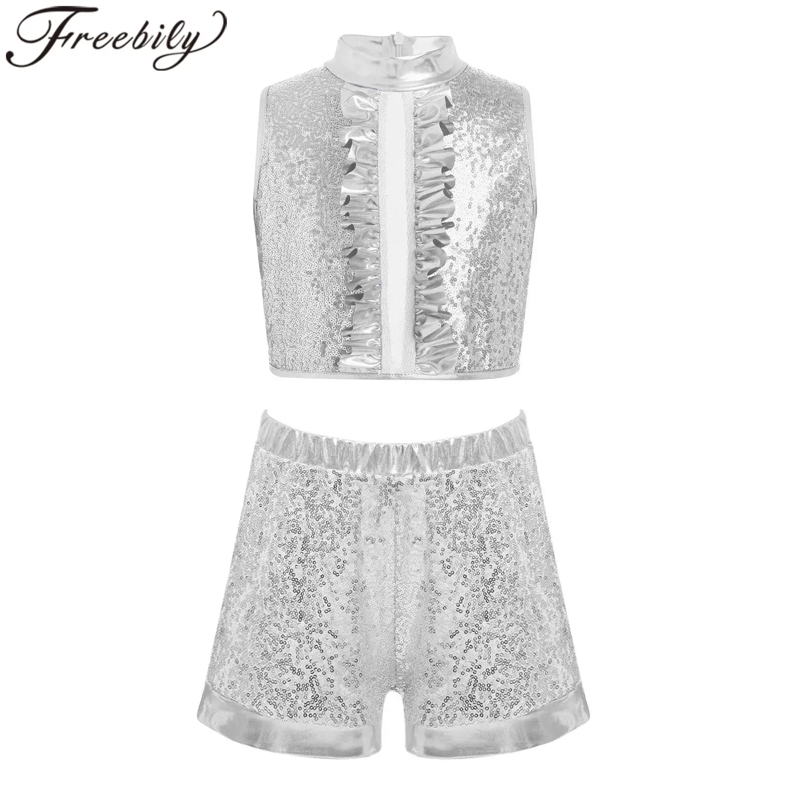 

Girls Disco Costumes Kids Party Dancewear Sets Sequin Streetwear Metallic Hip Hop Jazz Street Dance Outfit Crop Top with Shorts