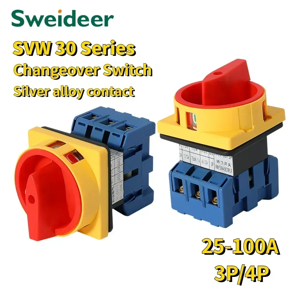 SVW30 Changeover Switch 3P 4P 690V 25/32/40/63/80/100A Padlock Disconnect Selector with ON-OFF Panel Power Control Replace LW30