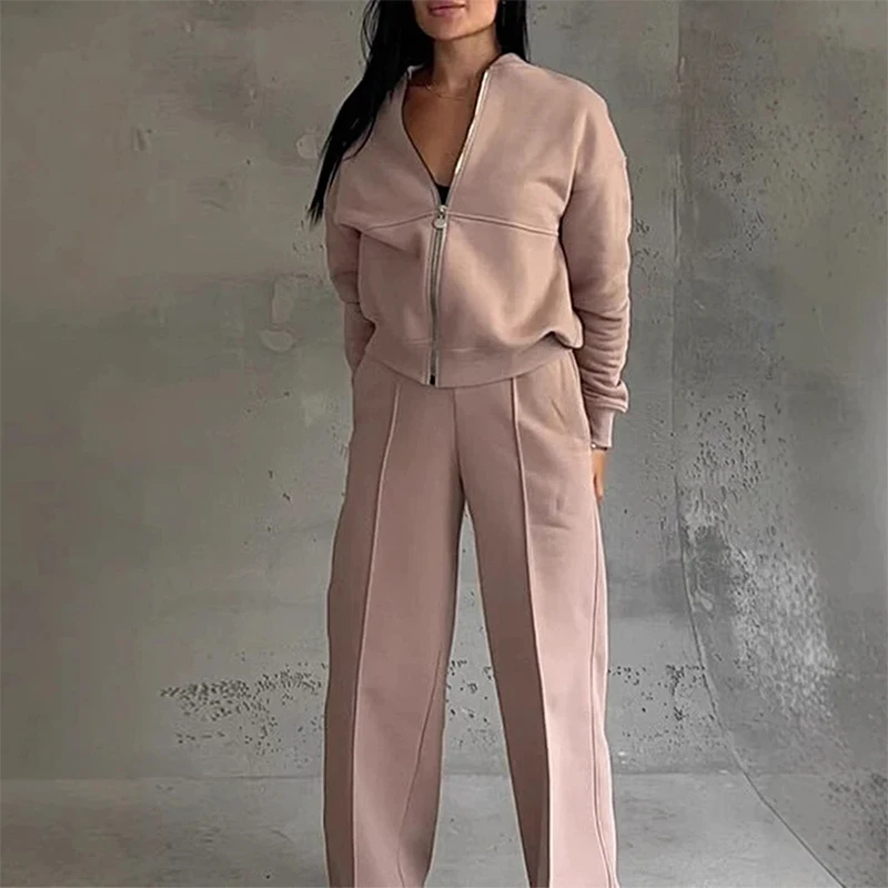 New Autumn Winter Warm Two Piece Set Women Zipper Sweatshirt Coat & Straight Pant Suit Outfit Casual Solid Sportswear Tracksuit