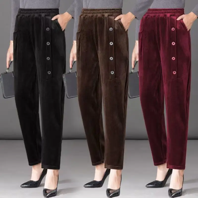 Thin & Fleece Vintage Elegant Women's Pant Matching Office Lady's Straight Pants Elastic Waist Chic Trousers New In Spring Pant