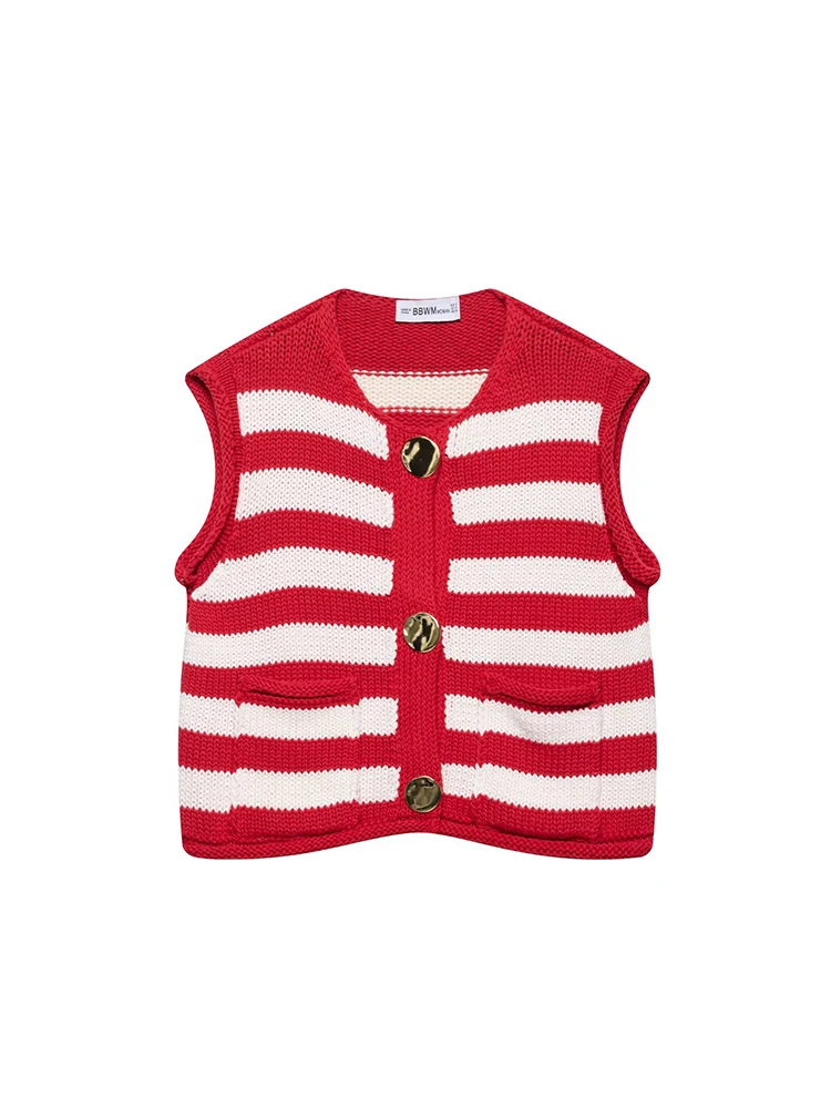 

KUCLUT Women Fashion With Pockets Striped Single Breasted Knitted Vest Tank Tops Vintage O-Neck Sleeveless Female Chic Vest