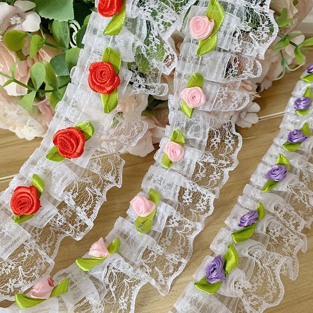 4.5CM Wide Tulle Mesh White Organza 3d Pleated Lace Flowers Fabirc Embroidered Ribbon Collar Trim Princess Skirts Applique Decor