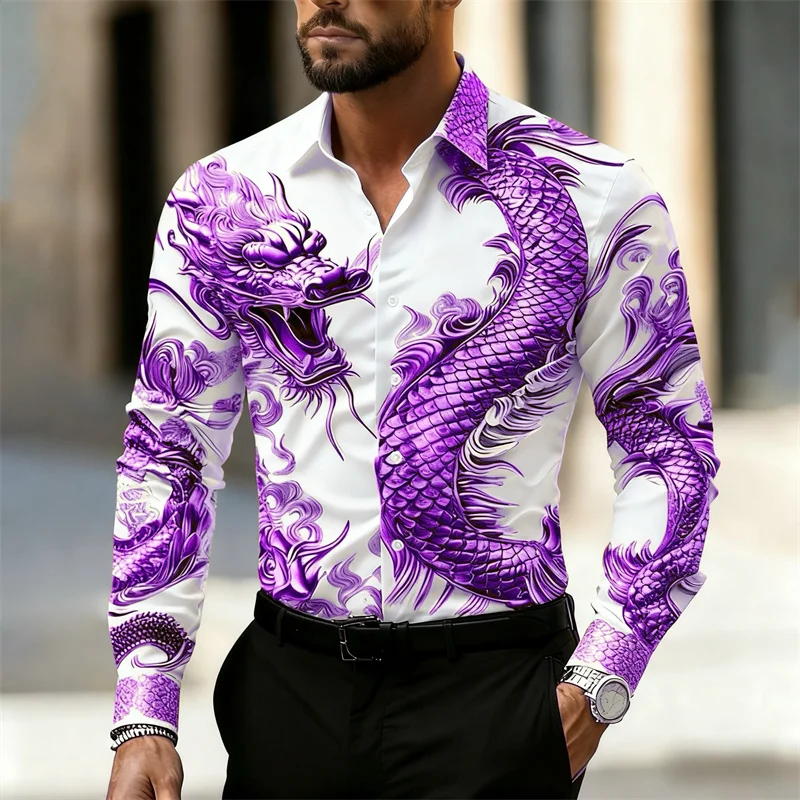 เสื้อเชิ้ตผู้ชายแขนยาว ลายมังก - Street Fashion In Chinese บทวิจารณ์และราคา