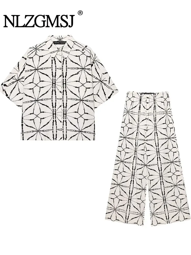 

Лето 2025 г., женский брючный костюм с принтом, однобортная рубашка с отложным воротником и длинными рукавами + комплект свободных длинных брюк с высокой талией