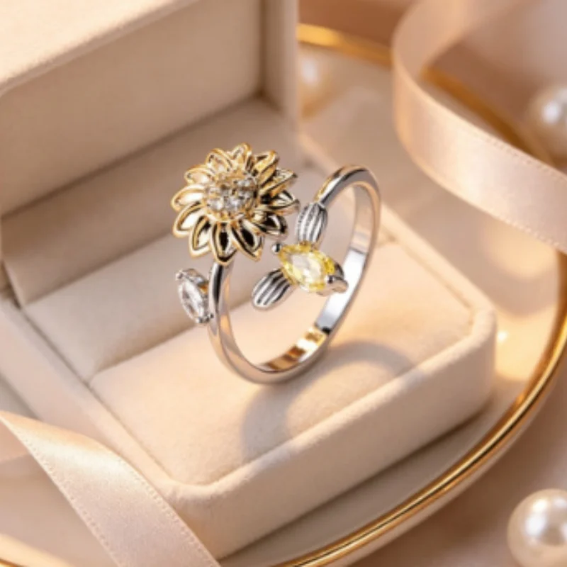 2026 New Two Tone Sunflower Bee Opening Ring Forest Style Countryside Style Color Separation Insect Inlaid Zircon Accessory