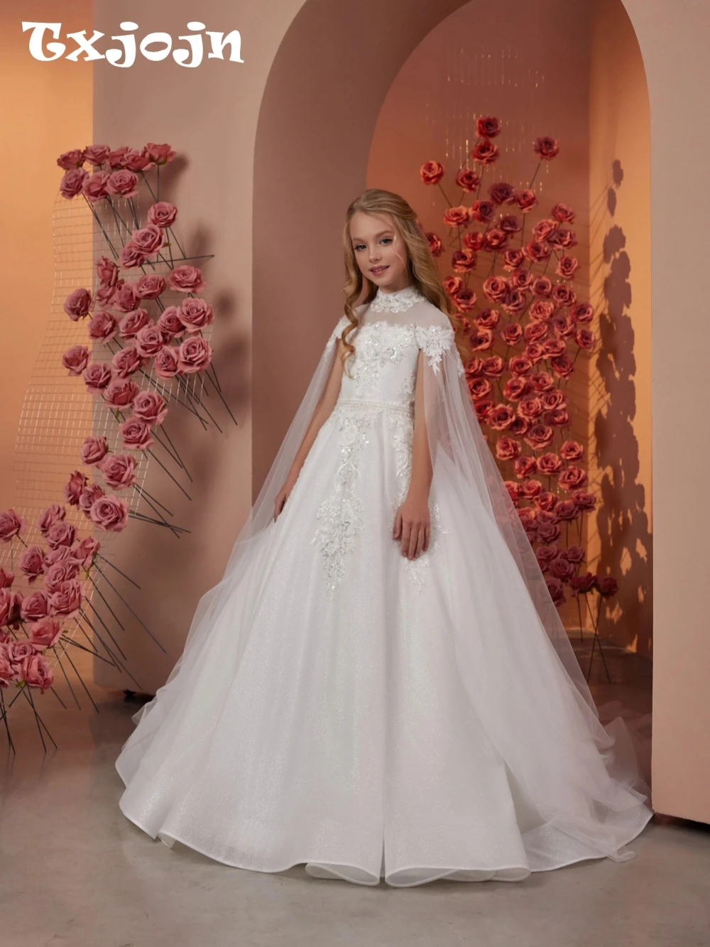 

White Shiny Beaded Appliques Girls Dresses For Wedding Elegant High Collar Cape Sleeve Princess Gown Birthday Party Wear 2-14Y