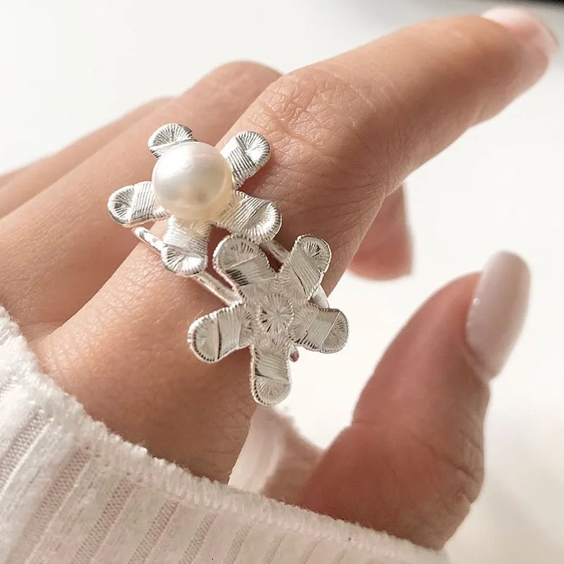 

925 Sterling Silver Rings For Women Geometric Fine Jewelry Finger Adjustable Vintage Flower Pearl Ring For Party Birthday Gift