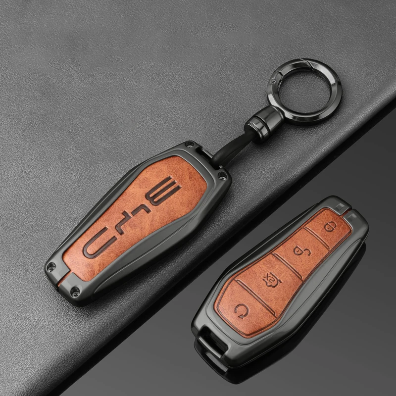 Car Alloy Leather Remote Key Case Fob Cover Holder For BYD Song Plus Atto 3 Han EV Tang DM Qin Seal Dolphin Keychain Accessories