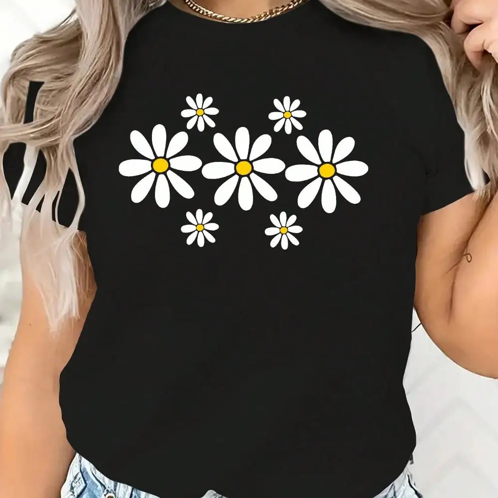 Valentine s Day European And American Spring Summer Women s Clothing Small Daisy Print Casual T-Shirt Loose And Comfortable Summer Tops White Top