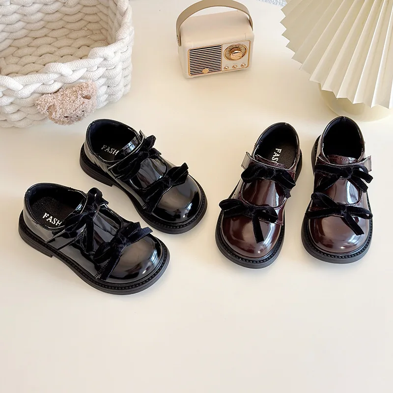 New Princess Flat Children's Shoes for Girl Mary Jane Loafers Sneakers Kids Party Shoes Fashion Bow Leather Shoes 3-6 -12 Year