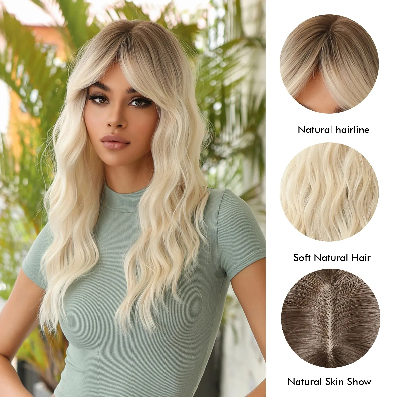 Średnio długie faliste peruki syntetyczne Ombre Dark Root to White Blonde Curly Hair Peruka z bocznymi grzywkami dla dziewcząt i kobiet Codziennie