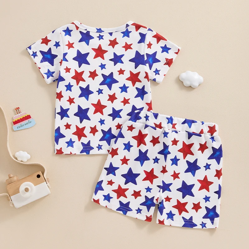 Baby Boys Memorial Day Outfits Star Print Short Sleeves T-Shirt and Elastic Shorts Set for 2 Piece Vacation Clothes Set