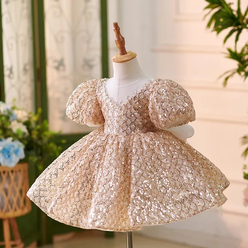 New luxury Birthday dance Party Dresses for Girls wedding golden sequin Big bow Tutu Fluffy kids baby Tulle Flower Girl Dress