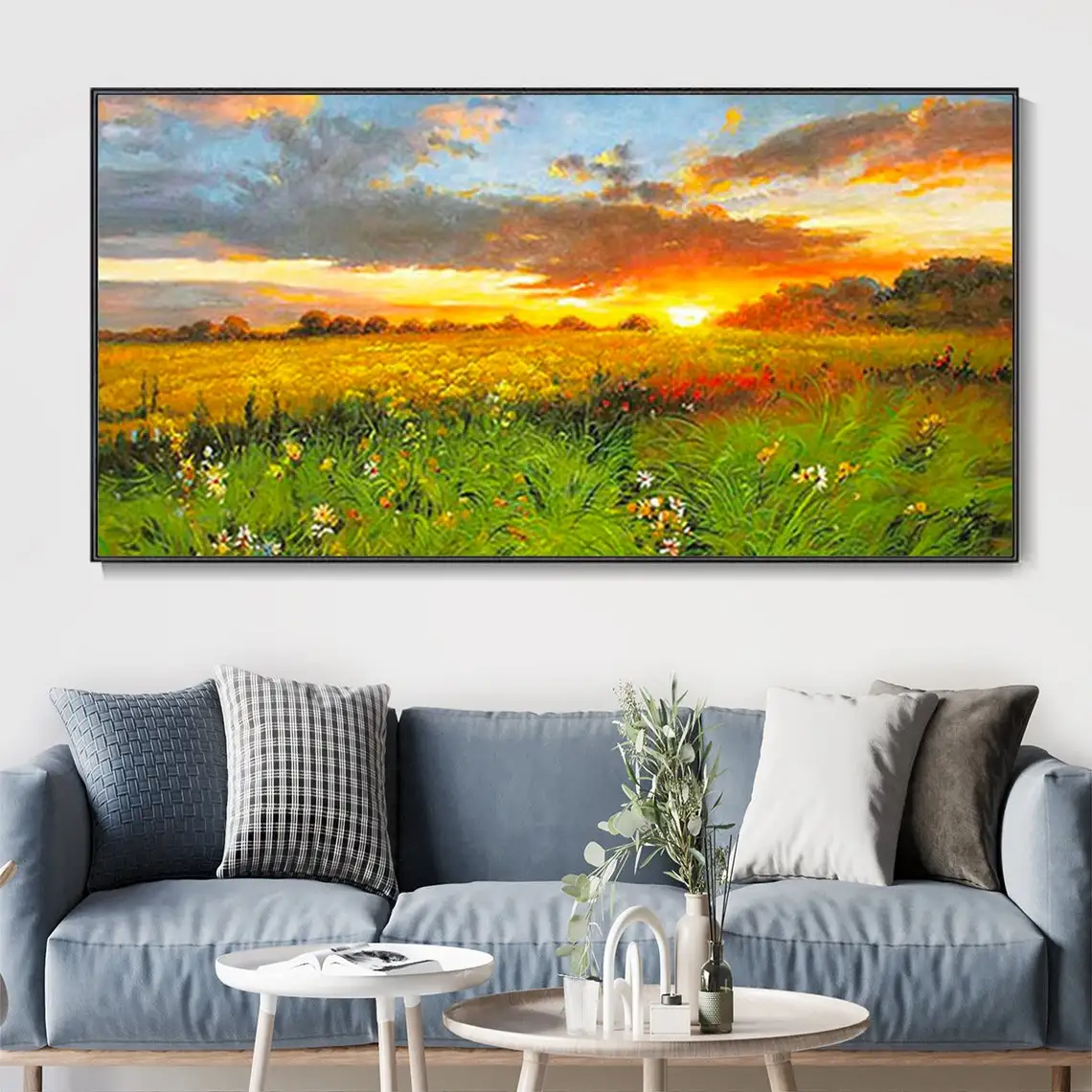 Green Meadow Landscape Wall Art Handmade Abstract Textured Oil Painting Living Room Sofa Large Wall Decor Sunrise Clouds Artwork