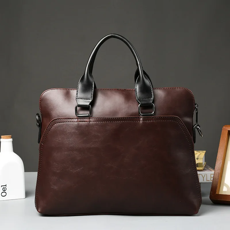 Tas kantor kulit, Vintage lembut untuk pria tas bisnis kantor Laptop tas jinjing pria kapasitas besar tas Messenger bahu