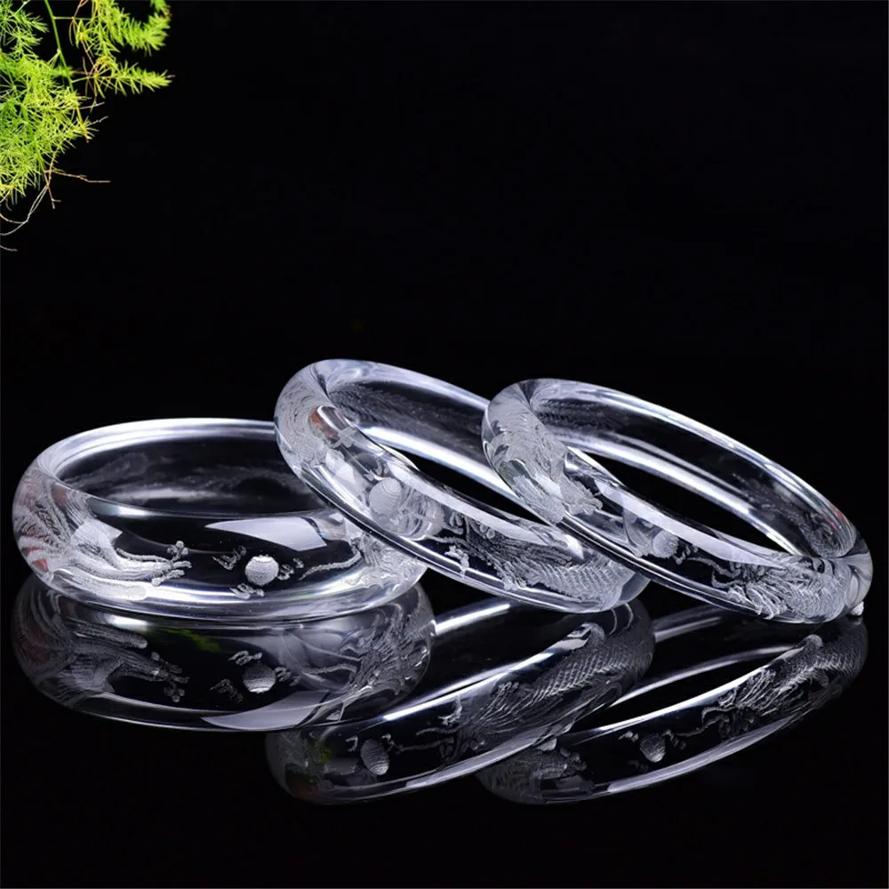 Genuine Natural White Quartz Bangle Dragon Phoenix Carved For Women Lady Healing Crystal 56mm 57mm 58mm  62mm 63mm 64mm AAAAA