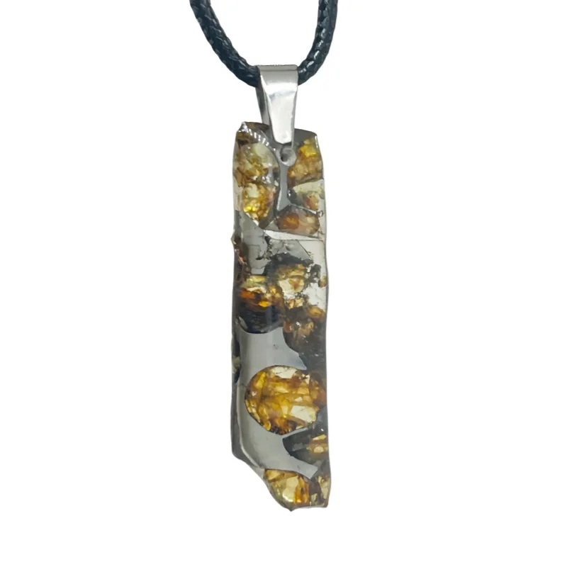 Seymchan Pallasite Meteorite Pendant Transparent Resin Inlaid Olivine Crystal Long Raw Edge Meteorite Specimen Jewelry- LB166