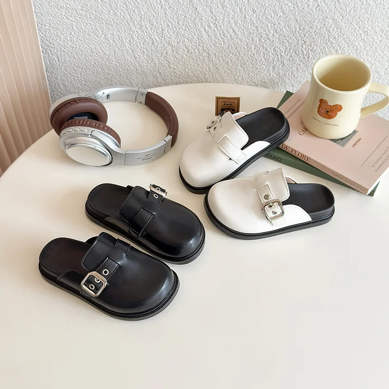 Kids Flat Shoes Slip on Child Girls Slippers Boy Cover Toes Buckle Mules 2025 Summer Children Barefoot Beach Shoe for 26-36