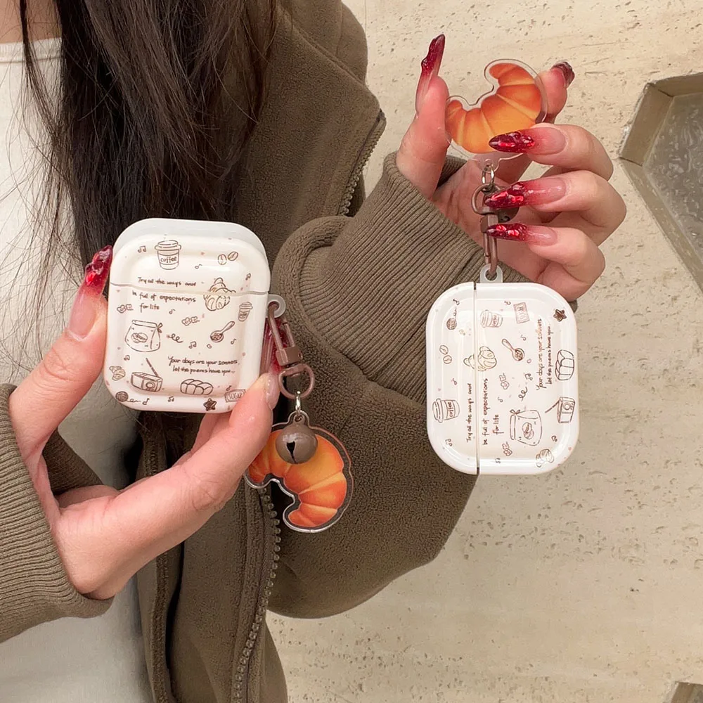 INS Korea Graffiti Coffee Bread Earphone Protective Cover For Apple Airpods 4 3 2 1 Pro 2nd Wireless Headset Case with Pendant