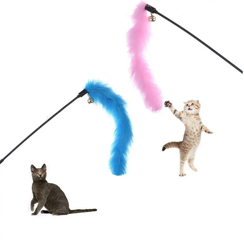 Funny Kitten Cat Teaser Interactive Toy Rod with Bell and Feather Toys For Pet Cats Stick Wire Chaser Wand Toy Random Color