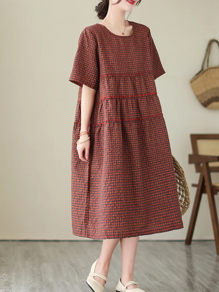 Nuevo 2023 vestido hoado de lino y aodón de talla ande para mujer, falda Midi acampanada a cuadros Vintage, cuello redo...