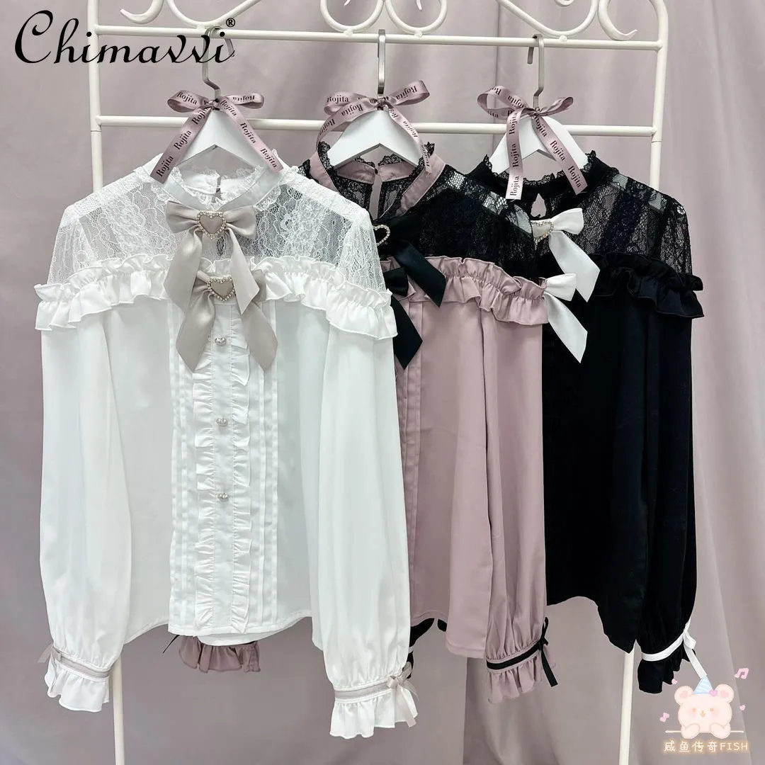 New Japanese Sweet Girl Lady Double Bow Lace Splicing Off Shoulder Shirt Autumn Mine Mass-produced Cute Lolita Shirts Blouse