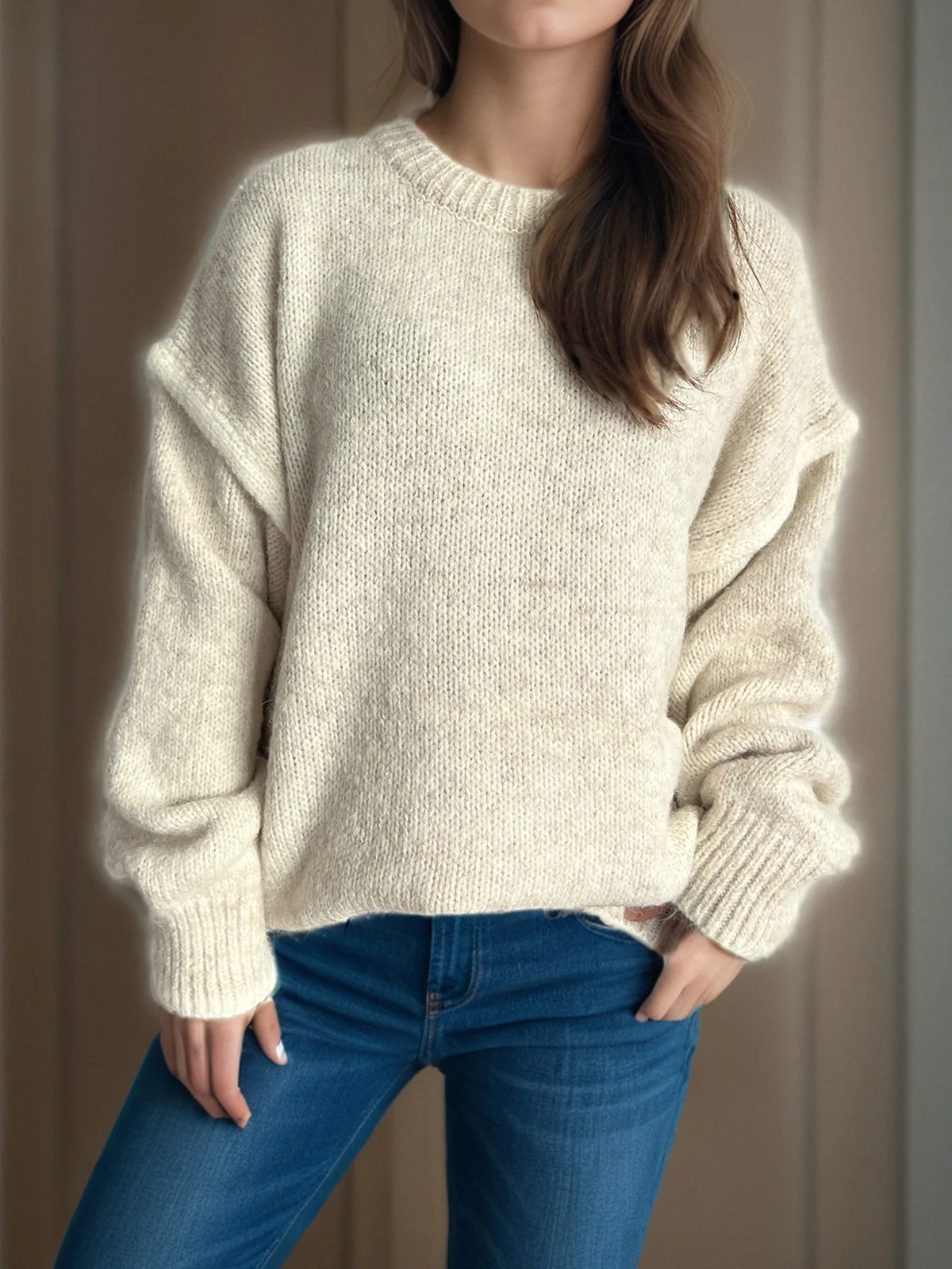 

New Winter Solid Color Versatile Sweater Casual Round Neck Long Sleeve Loose Pullover Sweater Warm Comfortable Women's Clothing