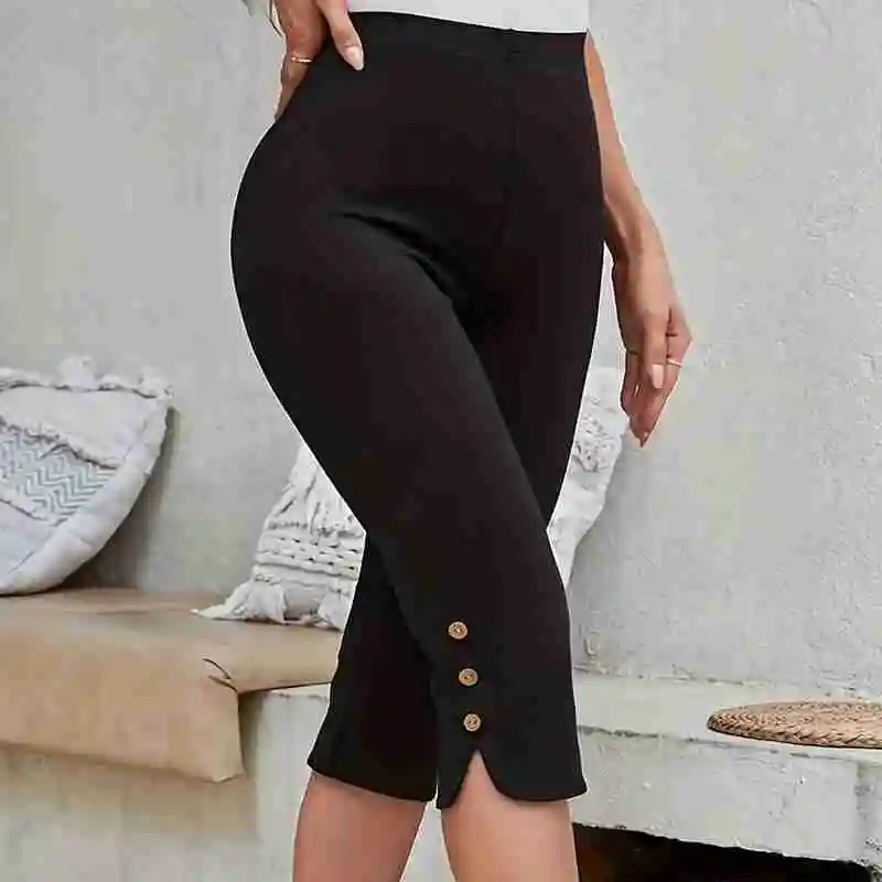 Women\'s Fashionable High Waisted Tight Capris Yoga Casual Solid Color Button Side Slit High Waisted Leggings