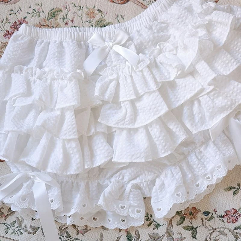 400A Women Ruffled Pumpkin Shorts Pants Retro Plaid Print Sweet Bow Bloomers Multi Layered Lace Trim Safety Underpants