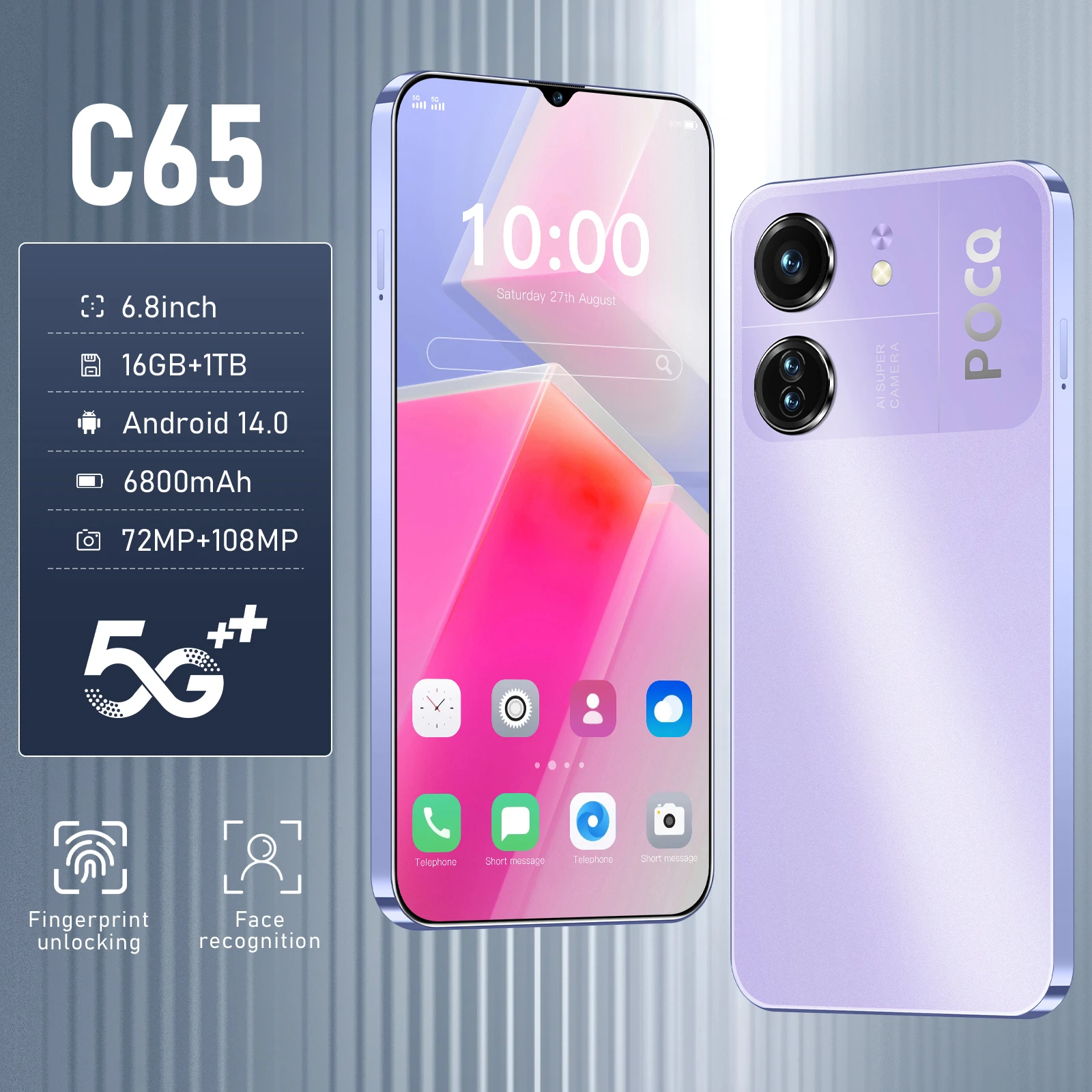 

2025 Original global version C65 Smartphone 5G 6.8 inch HD Screen Dimensity 9300 Android Camera 108MP Phone Unlocked Celular