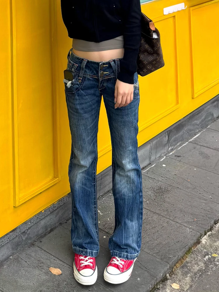 

Retro American High Street Design Distred Scratch Denim Jeans Women Slim Straight Floor-Length Pants Vintage Sle